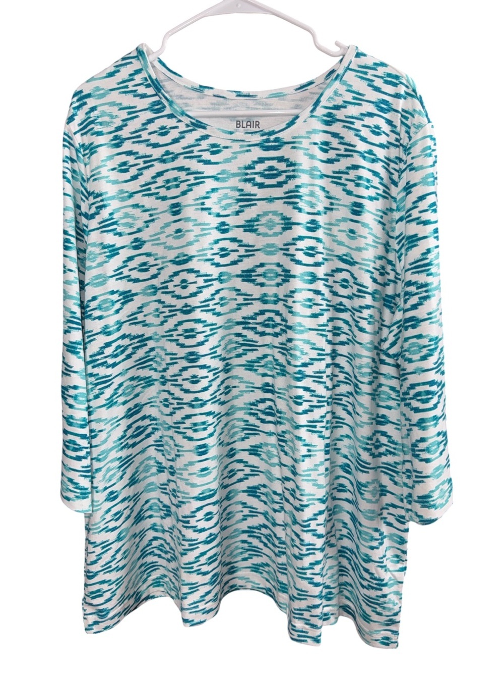 Blair Teal White Ikat Geometric Knit Top 3XL NWOT 3/4 Sleeve Plus
